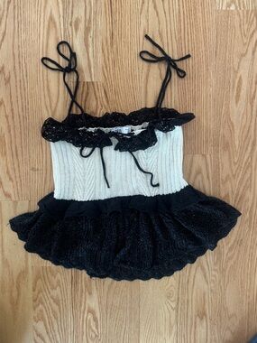 Zara Preppy Cream Knit Cami with Black Lace Ruffle Size S